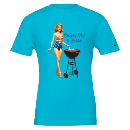 Pinup girl ‘Smokin’ Hot & Grillin’ T-shirt! Premium Unisex Crewneck T-shirt | Turquoise Alpha BBQ wear BBQ -apparel- BBQ tshirt -BBQ tee