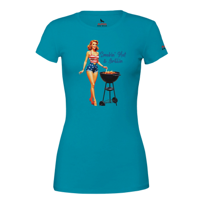 Pinup gril ‘Smokin’ Hot & GrillinPremium Womens Crewneck T-shirt Teal Alpha BBQ wear BBQ -apparel- BBQ tshirt -BBQ tee