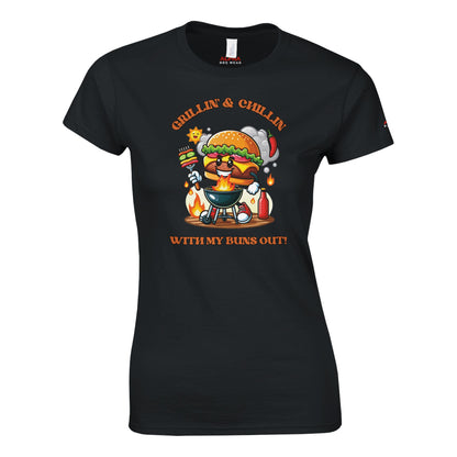 Grillin’ and Chillin’ with My Buns Out! Classic Womens Crewneck T-shirt Black Alpha BBQ wear BBQ -apparel- BBQ tshirt -BBQ tee