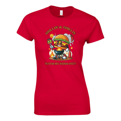 Grillin’ and Chillin’ with My Buns Out! Classic Womens Crewneck T-shirt Red Alpha BBQ wear BBQ -apparel- BBQ tshirt -BBQ tee