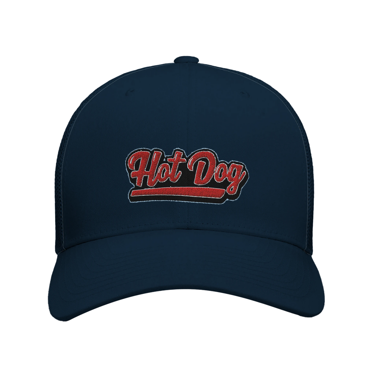 “Hot Dog” Embroidered Retro Trucker Cap dark navy Alpha BBQ wear BBQ -apparel- BBQ tshirt -BBQ tee