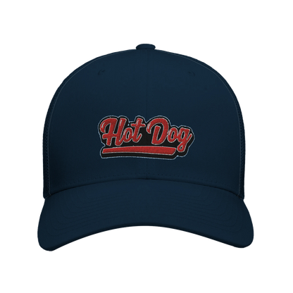 “Hot Dog” Embroidered Retro Trucker Cap dark navy Alpha BBQ wear BBQ -apparel- BBQ tshirt -BBQ tee