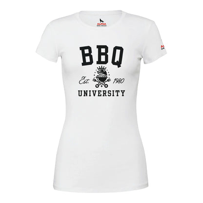 BBQ University T-Shirt Premium Womens Crewneck T-shirt White Alpha BBQ wear BBQ -apparel- BBQ tshirt -BBQ tee
