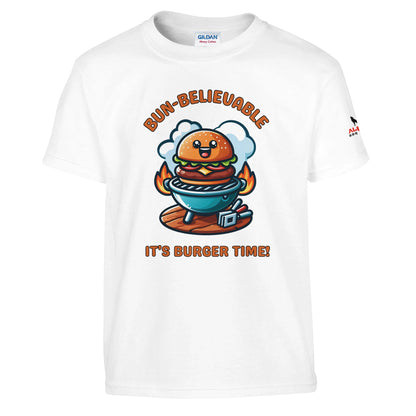 Bun-believable – It's Burger Time! Classic Kids Crewneck T-shirt White Alpha BBQ wear BBQ -apparel- BBQ tshirt -BBQ tee