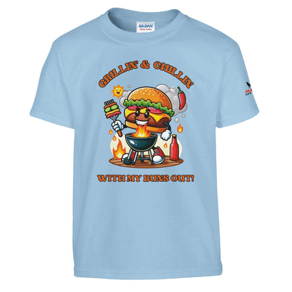 Grillin’ and Chillin’ with My Buns Out! Classic Kids Crewneck T-shirt Light Blue Alpha BBQ wear BBQ -apparel- BBQ tshirt -BBQ tee