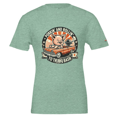 Porking and Rolling to the BBQ Bash Premium Unisex Crewneck T-shirt Heather Mint Alpha BBQ wear BBQ -apparel- BBQ tshirt -BBQ tee