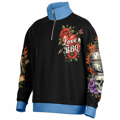 LOVE BBQ  – Vintage Ink, Grill Heat Heavyweight Oversized Quarter Zip Sweatshirt - AOP