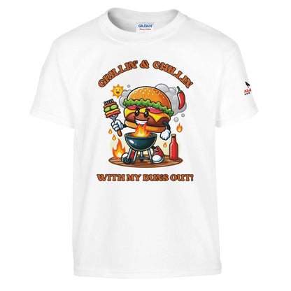 Grillin’ and Chillin’ with My Buns Out! Classic Kids Crewneck T-shirt White Alpha BBQ wear BBQ -apparel- BBQ tshirt -BBQ tee