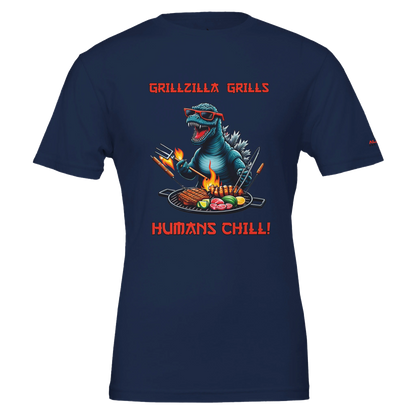 Grillzila grills, humans chill! Premium Unisex Crewneck T-shirt | Navy Alpha BBQ wear BBQ -apparel- BBQ tshirt -BBQ tee