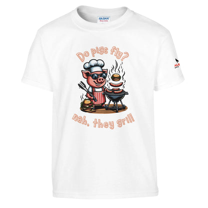 Do pigs fly? Classic Kids crewneck Tshirt White Alpha BBQ wear BBQ -apparel- BBQ tshirt -BBQ tee