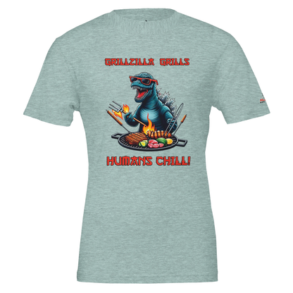 Grillzila grills, humans chill! Premium Unisex Crewneck T-shirt | Heather Ice Blue Alpha BBQ wear BBQ -apparel- BBQ tshirt -BBQ tee