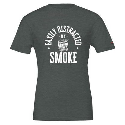 Easily Distracted by Smoke Premium Unisex Crewneck T-shirt Dark Grey Heather Alpha BBQ wear BBQ -apparel- BBQ tshirt -BBQ tee