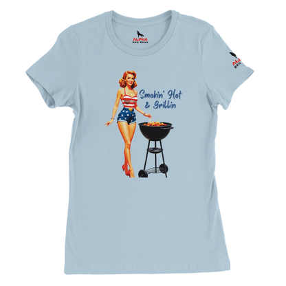 Pinup gril ‘Smokin’ Hot & GrillinPremium Womens Crewneck T-shirt Alpha BBQ wear BBQ -apparel- BBQ tshirt -BBQ tee