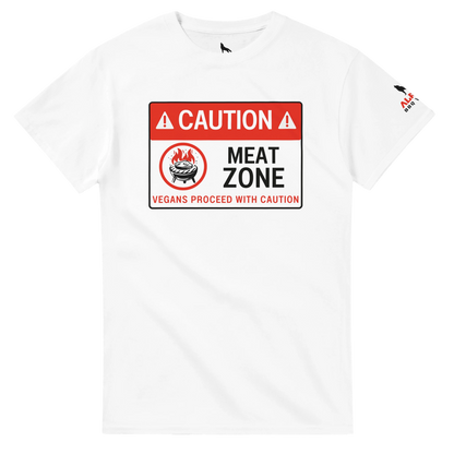 DANGER: Meat Zone – Vegans Proceed with Caution Heavyweight Unisex Crewneck T-shirt White Alpha BBQ wear BBQ -apparel- BBQ tshirt -BBQ tee