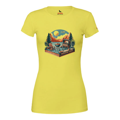 Weekend Vibes Premium Womens Crewneck T-shirt Yellow Alpha BBQ wear BBQ -apparel- BBQ tshirt -BBQ tee