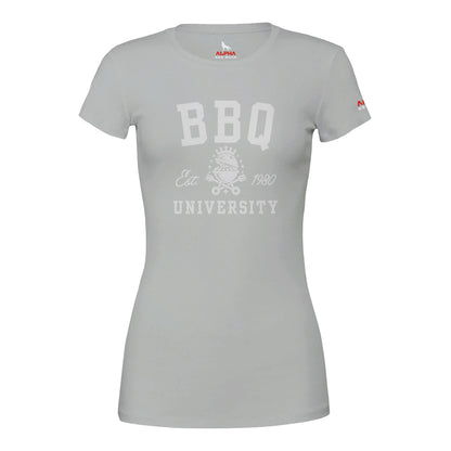 BBQ University T-Shirt Premium Womens Crewneck T-shirt Silver Alpha BBQ wear BBQ -apparel- BBQ tshirt -BBQ tee
