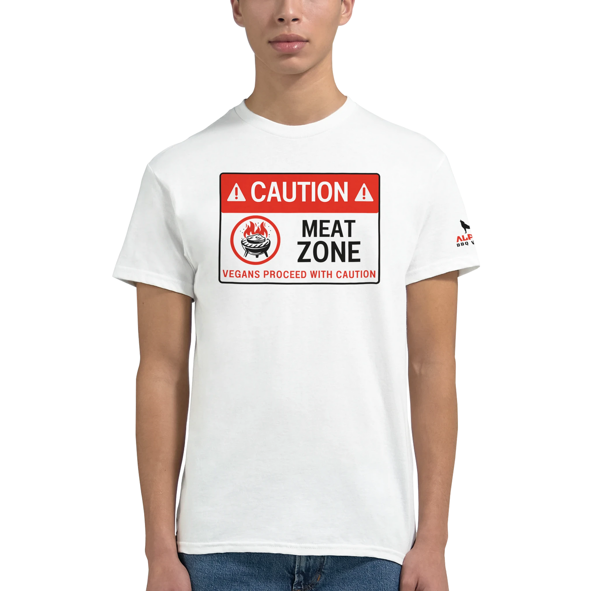 DANGER: Meat Zone – Vegans Proceed with Caution Heavyweight Unisex Crewneck T-shirt Alpha BBQ wear BBQ -apparel- BBQ tshirt -BBQ tee