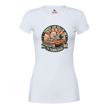 Porking and Rolling to the BBQ Bash Premium Womens Crewneck T-shirt White Alpha BBQ wear BBQ -apparel- BBQ tshirt -BBQ tee