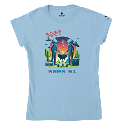 "Area 51 BBQ Classic Womens Crewneck T-shirt Light Blue Alpha BBQ wear BBQ -apparel- BBQ tshirt -BBQ tee