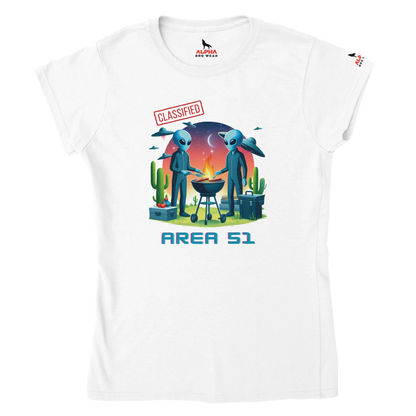 "Area 51 BBQ Classic Womens Crewneck T-shirt White Alpha BBQ wear BBQ -apparel- BBQ tshirt -BBQ tee