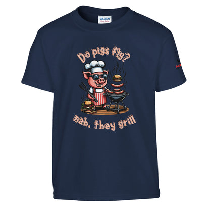 Do pigs fly? Classic Kids crewneck Tshirt Navy Alpha BBQ wear BBQ -apparel- BBQ tshirt -BBQ tee