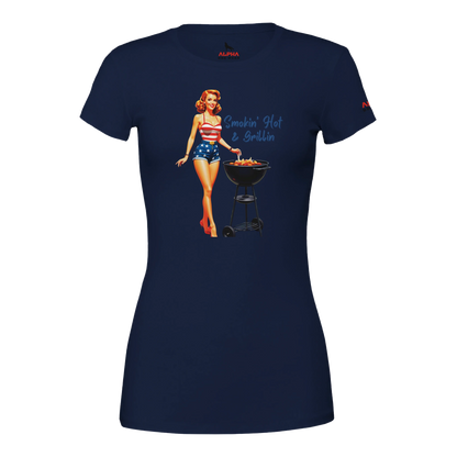 Pinup gril ‘Smokin’ Hot & GrillinPremium Womens Crewneck T-shirt Navy Alpha BBQ wear BBQ -apparel- BBQ tshirt -BBQ tee