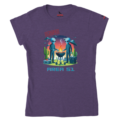 "Area 51 BBQ Classic Womens Crewneck T-shirt Heather Purple Alpha BBQ wear BBQ -apparel- BBQ tshirt -BBQ tee