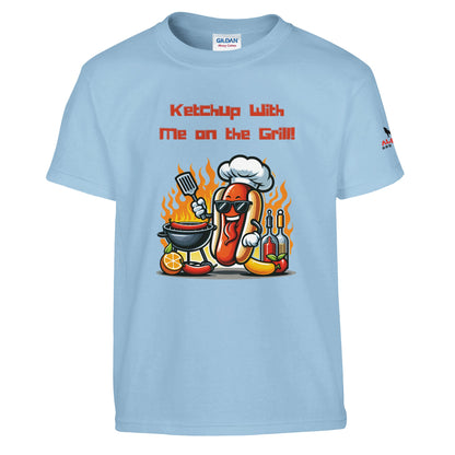 Ketchup with me on the grill Hotdog ! Light Blue Alpha BBQ wear BBQ -apparel- BBQ tshirt -BBQ tee