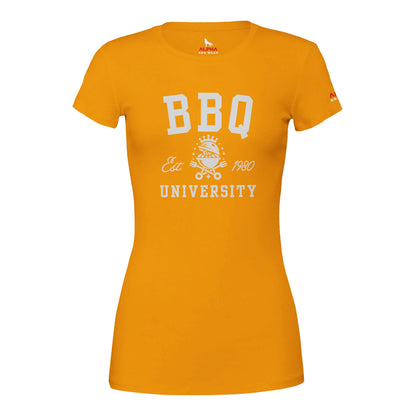 BBQ University T-Shirt Premium Womens Crewneck T-shirt Gold Alpha BBQ wear BBQ -apparel- BBQ tshirt -BBQ tee