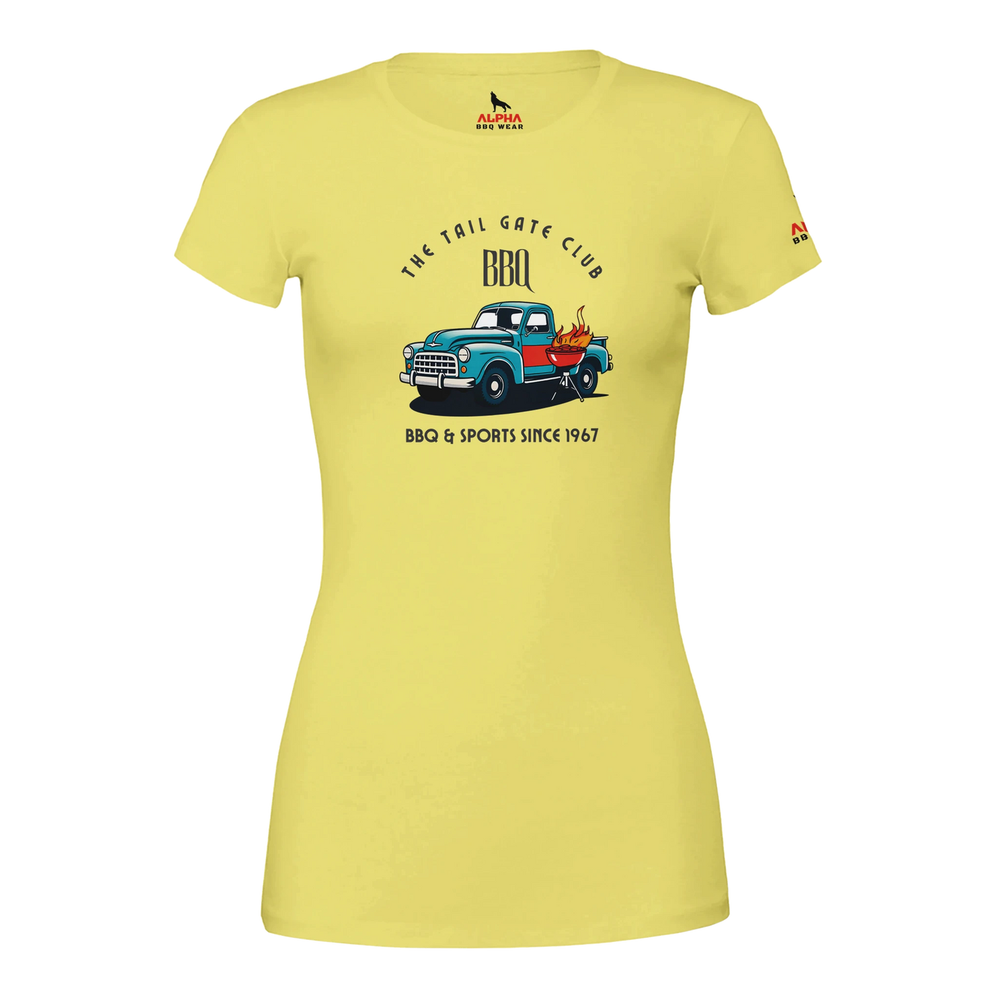 The Tailgate Club BBQ Premium Womens Crewneck T-shirt Yellow Alpha BBQ wear BBQ -apparel- BBQ tshirt -BBQ tee