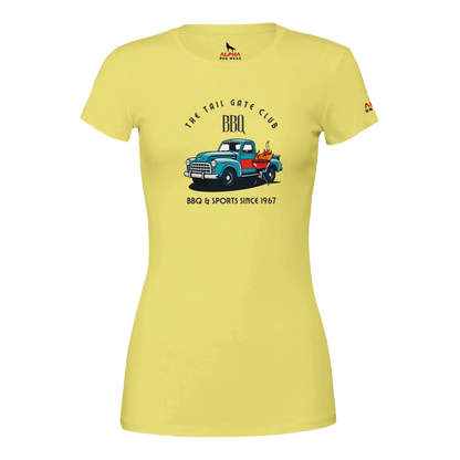 The Tailgate Club BBQ Premium Womens Crewneck T-shirt Yellow Alpha BBQ wear BBQ -apparel- BBQ tshirt -BBQ tee