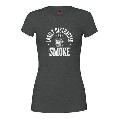 Easily Distracted by Smoke Premium Womens Crewneck T-shirt Dark Grey Heather Alpha BBQ wear BBQ -apparel- BBQ tshirt -BBQ tee