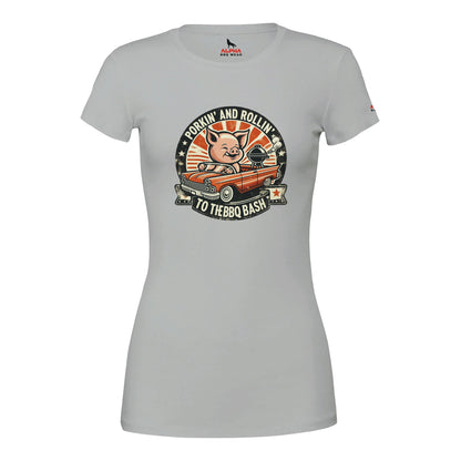 Porking and Rolling to the BBQ Bash Premium Womens Crewneck T-shirt Silver Alpha BBQ wear BBQ -apparel- BBQ tshirt -BBQ tee