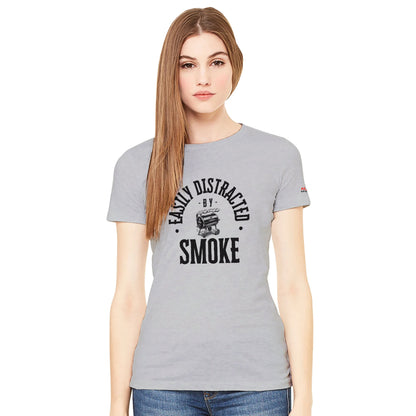Easily Distracted by Smoke Premium Womens Crewneck T-shirt Alpha BBQ wear BBQ -apparel- BBQ tshirt -BBQ tee