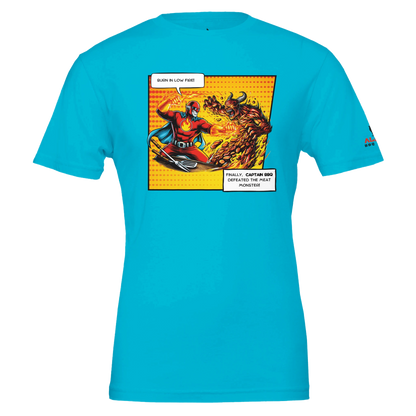 Captain BBQ vs. The Meat Monster – BBQ T-Shirt Premium Unisex Crewneck T-shirt Turquoise Alpha BBQ wear BBQ -apparel- BBQ tshirt -BBQ tee