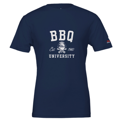BBQ University T-Shirt Premium Unisex Crewneck T-shirt Navy Alpha BBQ wear BBQ -apparel- BBQ tshirt -BBQ tee