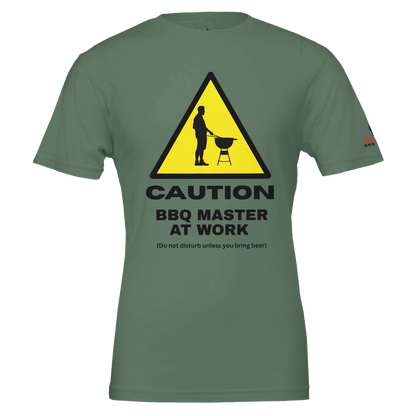Caution: BBQ Master at Work Premium Unisex Crewneck T-shirt Military Green Alpha BBQ wear BBQ -apparel- BBQ tshirt -BBQ tee
