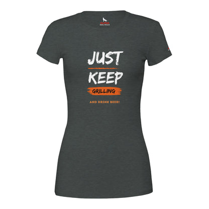 Just Keep Grillling Premium Womens Crewneck T-shirt Dark Grey Heather Alpha BBQ wear BBQ -apparel- BBQ tshirt -BBQ tee