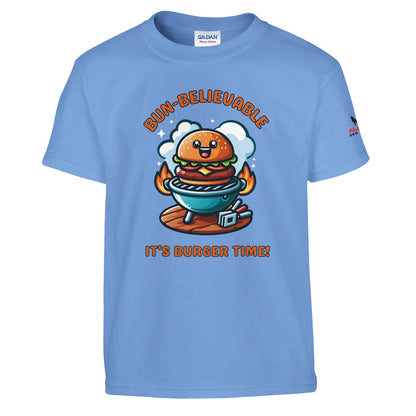Bun-believable – It's Burger Time! Classic Kids Crewneck T-shirt Carolina Blue Alpha BBQ wear BBQ -apparel- BBQ tshirt -BBQ tee
