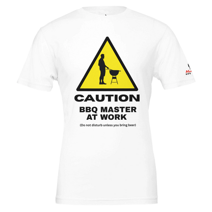 Caution: BBQ Master at Work Premium Unisex Crewneck T-shirt White Alpha BBQ wear BBQ -apparel- BBQ tshirt -BBQ tee