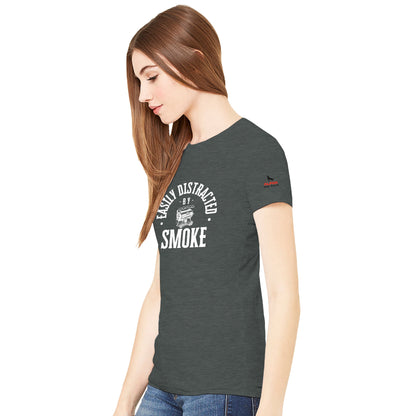Easily Distracted by Smoke Premium Womens Crewneck T-shirt Alpha BBQ wear BBQ -apparel- BBQ tshirt -BBQ tee