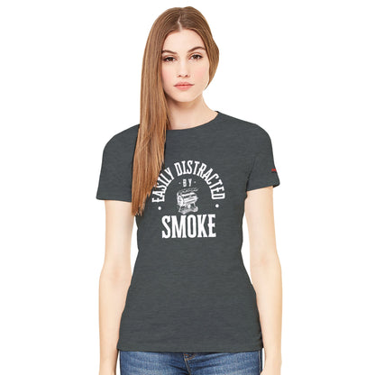 Easily Distracted by Smoke Premium Womens Crewneck T-shirt Alpha BBQ wear BBQ -apparel- BBQ tshirt -BBQ tee