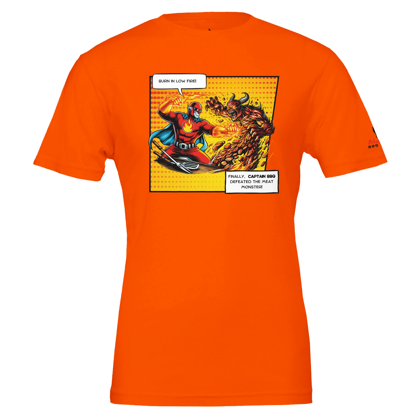 Captain BBQ vs. The Meat Monster – BBQ T-Shirt Premium Unisex Crewneck T-shirt Orange Alpha BBQ wear BBQ -apparel- BBQ tshirt -BBQ tee