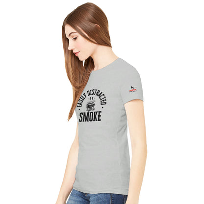 Easily Distracted by Smoke Premium Womens Crewneck T-shirt Alpha BBQ wear BBQ -apparel- BBQ tshirt -BBQ tee