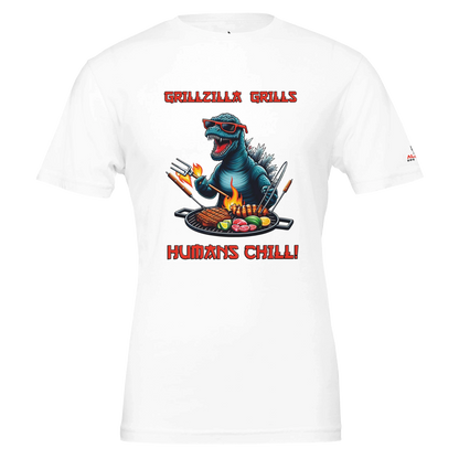 Grillzila grills, humans chill! Premium Unisex Crewneck T-shirt | White Alpha BBQ wear BBQ -apparel- BBQ tshirt -BBQ tee