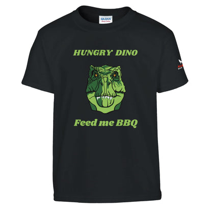 Hungry Dino Classic Kids Crewneck T-shirt Black Alpha BBQ wear BBQ -apparel- BBQ tshirt -BBQ tee