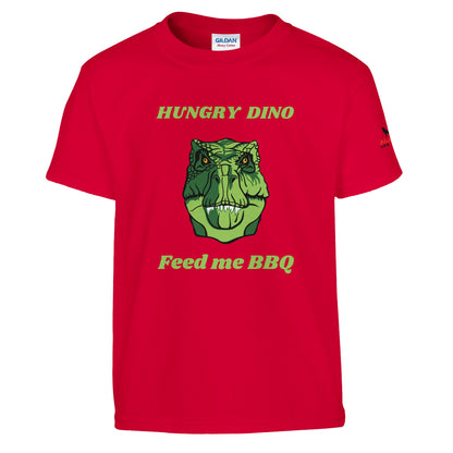 Hungry Dino Classic Kids Crewneck T-shirt Red Alpha BBQ wear BBQ -apparel- BBQ tshirt -BBQ tee