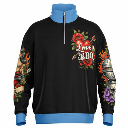 LOVE BBQ  – Vintage Ink, Grill Heat Heavyweight Oversized Quarter Zip Sweatshirt - AOP