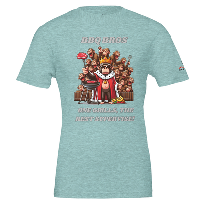 BBQ Bros – One Grills, The Rest Supervise! Premium Unisex Crewneck T-shirt Heather Ice Blue Alpha BBQ wear BBQ -apparel- BBQ tshirt -BBQ tee