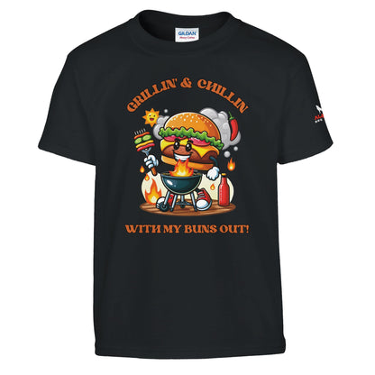Grillin’ and Chillin’ with My Buns Out! Classic Kids Crewneck T-shirt Black Alpha BBQ wear BBQ -apparel- BBQ tshirt -BBQ tee